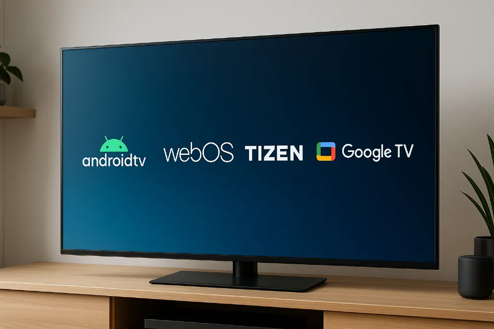 Телевізор зі зображенням логотипів Android TV, webOS, Tizen і Google TV