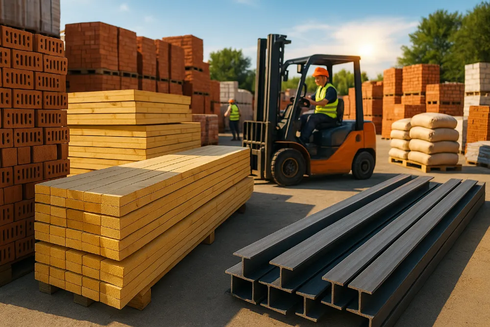 Панорама складу з цеглою, деревиною, металом та робітником на навантажувачі під яскравим сонцем