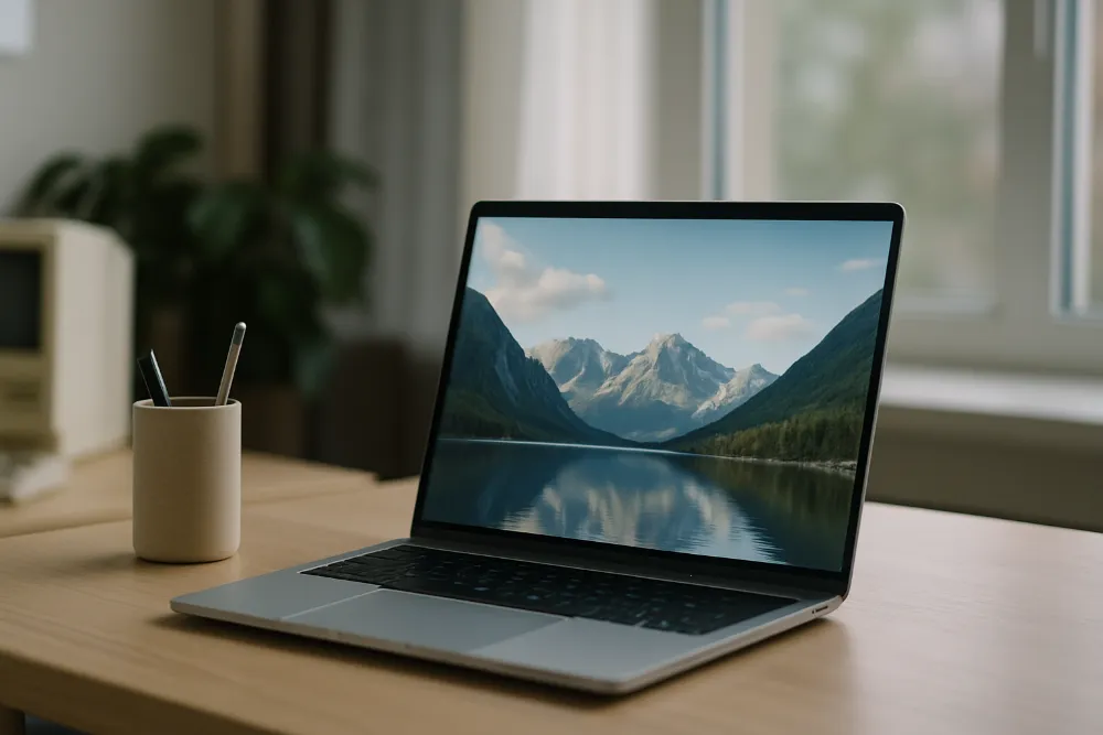 Ноутбук з природним фоном на екрані на столі в освітленій кімнаті