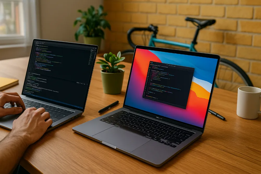 Робоче місце програміста з ноутбуками Dell XPS і MacBook Pro на столі
