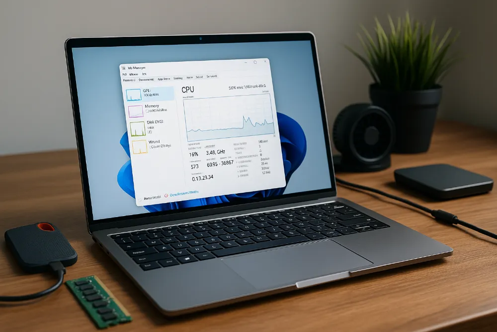 Ноутбук із Windows 11, SSD, RAM і охолоджувачем на дерев'яному столі