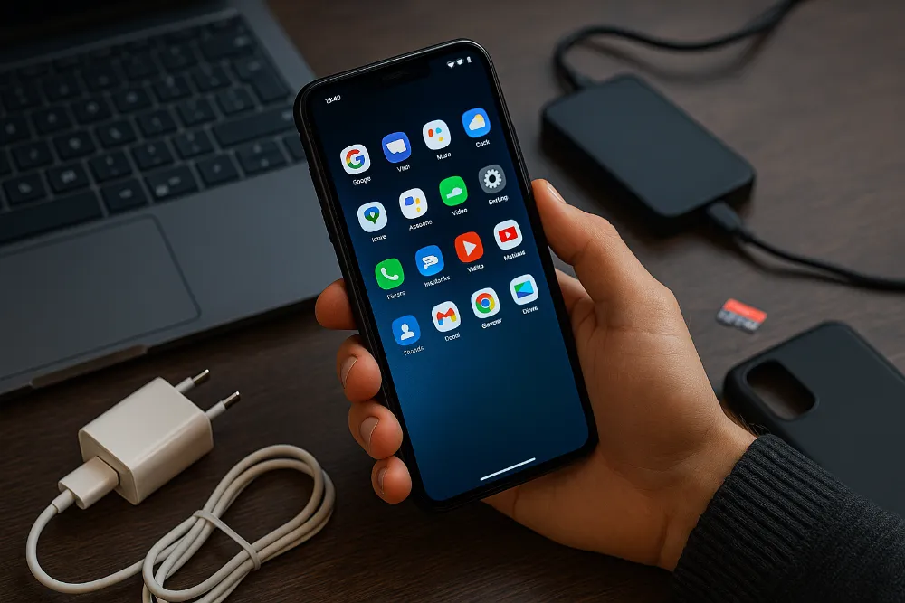 Людина тримає Android-смартфон на фоні ноутбука та аксесуарів
