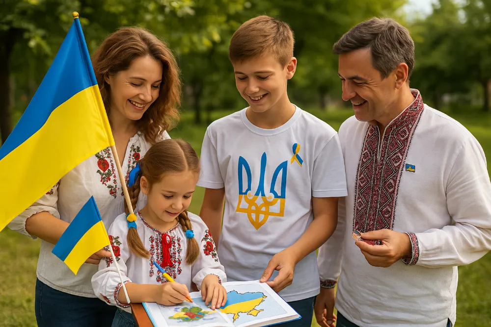 Родина у вишиванках святкує день Конституції України з прапором і книжкою на свіжому повітрі