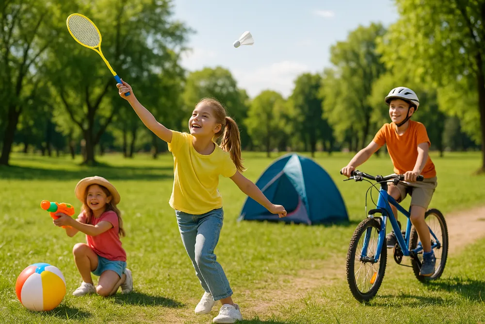Діти грають у бадмінтон, водні бої та катаються на велосипеді в парку