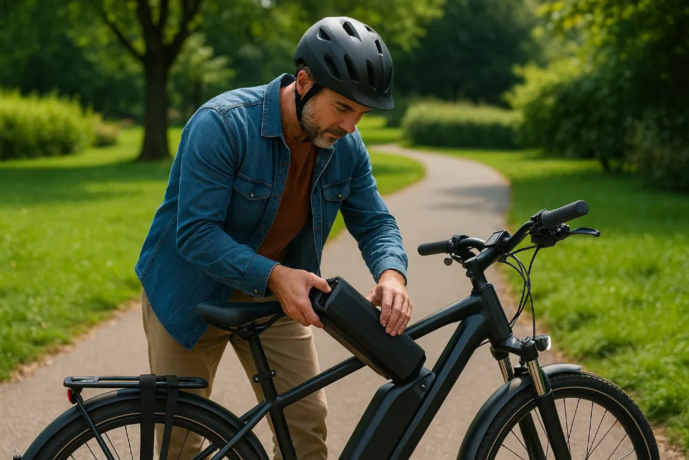 Перевірка акумулятора електровелосипеда перед поїздкою Чоловік у парку встановлює батарею на електровелосипед перед маршрутом