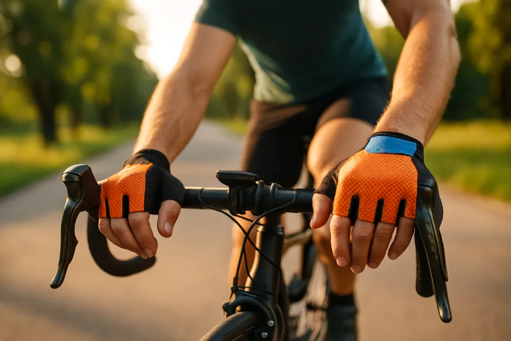 Велорукавиці для літа в дії на сонячній трасі Велосипедист у велорукавицях з короткими пальцями тримає кермо на літній дорозі