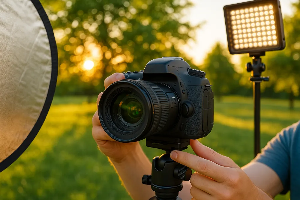 Фотоапарат на штативі з освітленням і відбивачем у вечірньому парку