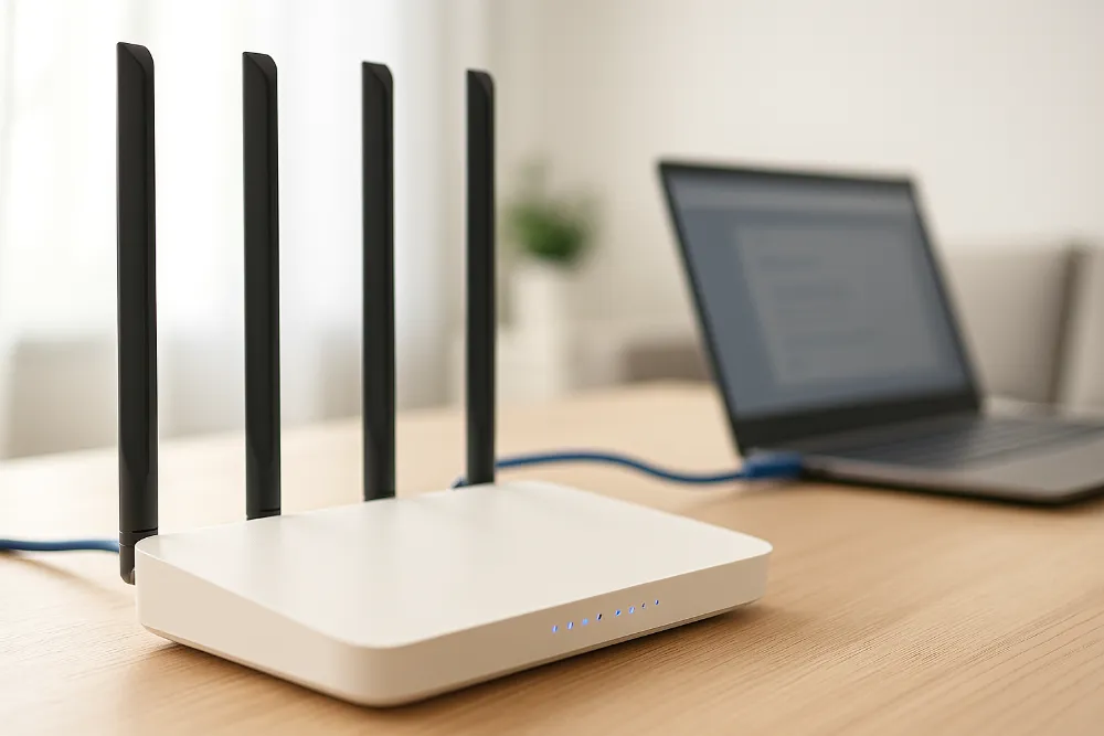 Білий Wi-Fi роутер із підключеним кабелем поруч із ноутбуком на столі