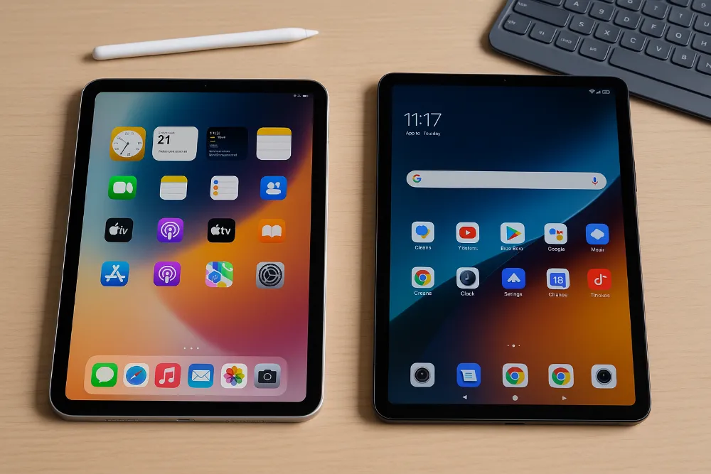 Apple iPad та Xiaomi Pad 6 на столі з аксесуарами для роботи та навчання