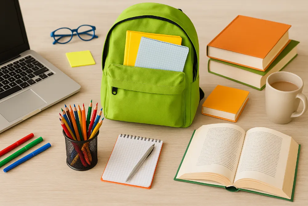 Канцелярія, книги та рюкзак у світлому робочому просторі Яскравий рюкзак, книги, ноутбук і канцелярія на світлому столі