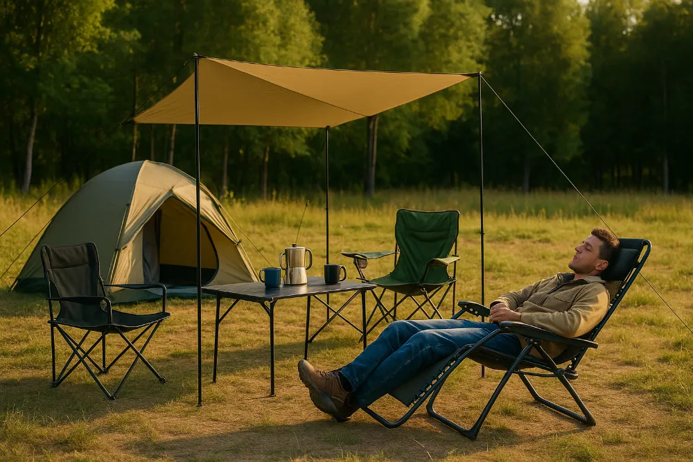 Складні меблі у кемпінгу серед природи Турист відпочиває у шезлонгу поруч зі столом, стільцями та наметом під тентом