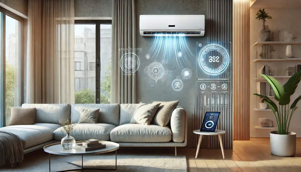Стильний енергоефективний кондиціонер класу A+++ вбудований у світлий інтер'єр сучасної вітальні з елементами розумного дому та системою очищення повітря