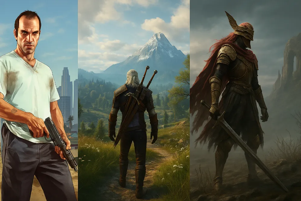 Головні герої з GTA V, The Witcher 3 і Elden Ring у реалістичних ландшафтах