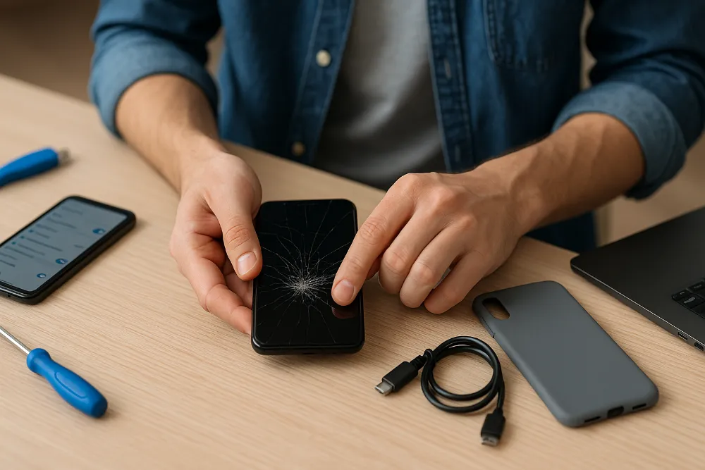 Руки чоловіка перевіряють тріснутий екран смартфона серед інструментів