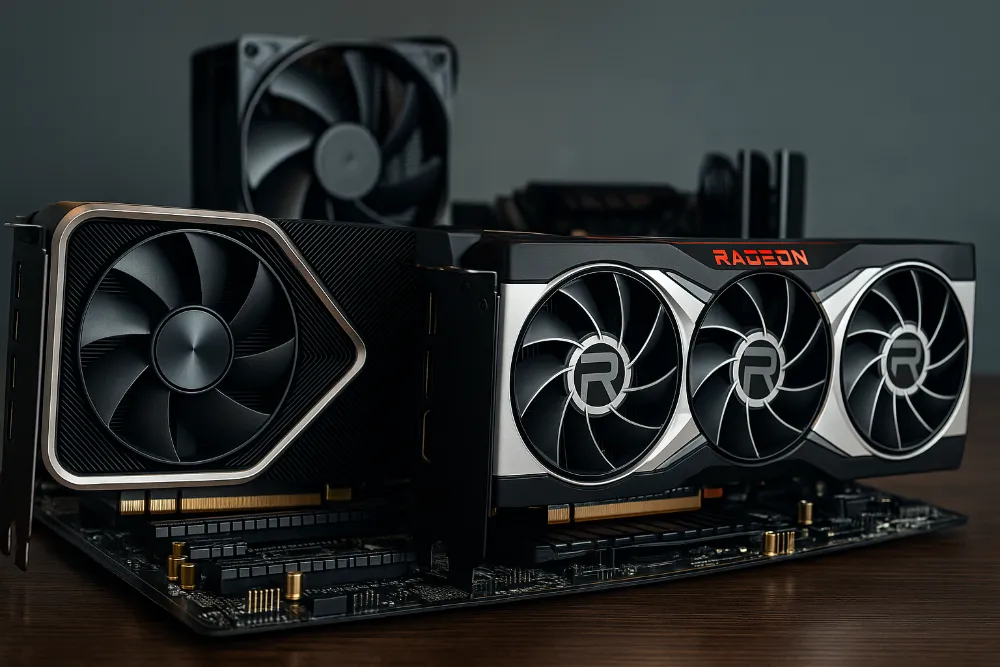 Відеокарти RTX 3080 та RX 6800 XT встановлені на материнській платі з кулерами