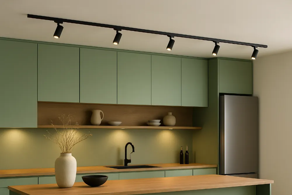 Кухня з трековим освітленням та оливковими фасадами Сучасна кухня з оливковими шафами, трековими світильниками і дерев’яною стільницею