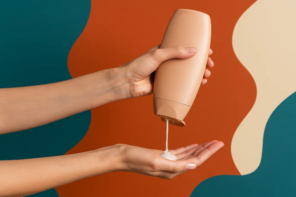 Як виглядає ідеальне нанесення засобу для волосся Кремова текстура кондиціонера чи бальзаму стікає з пляшки на долоню на фоні з абстрактним дизайном