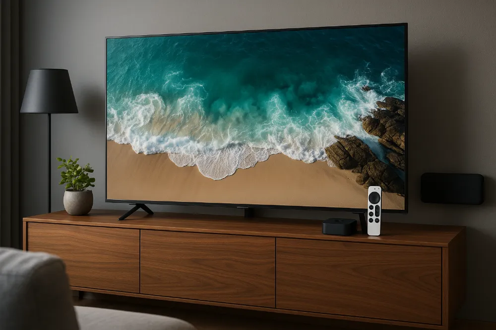 Телевізор з Apple TV 4K на тумбі в інтер'єрі вітальні з яскравим дисплеєм