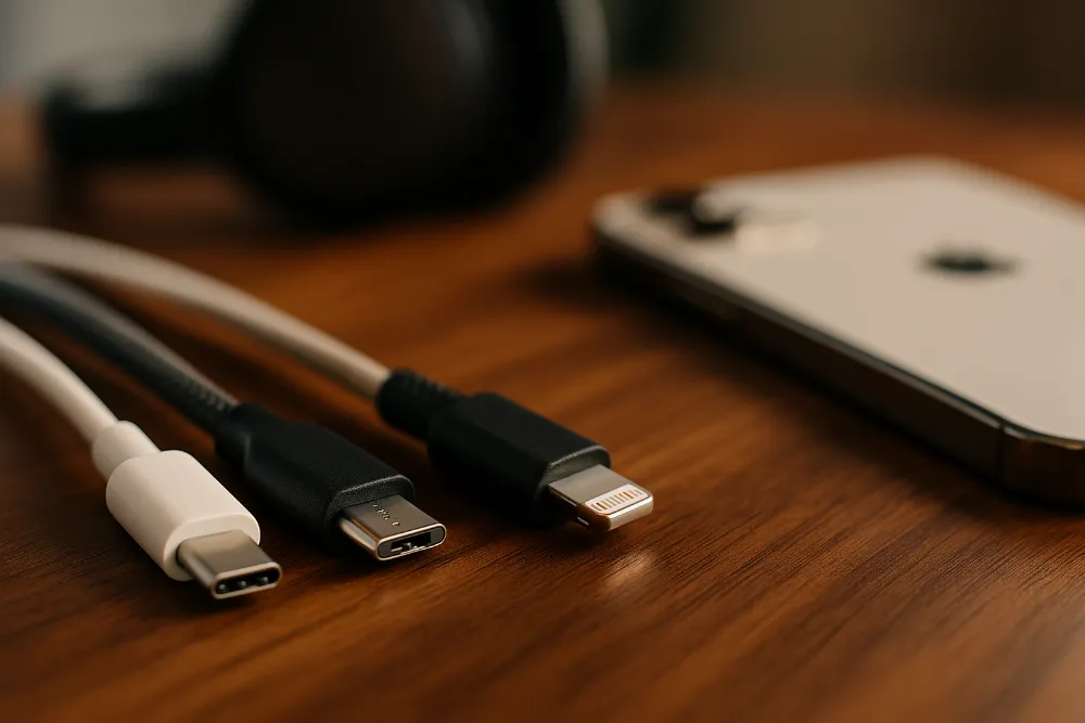 Кабелі USB-C, microUSB і Lightning поруч із смартфоном і навушниками