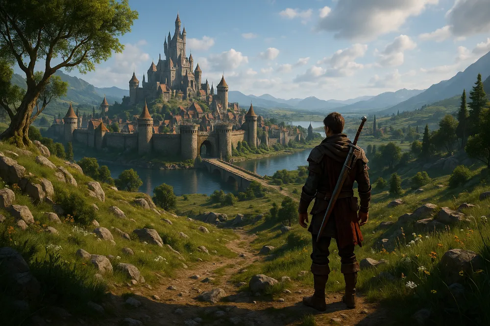 Персонаж у фентезійному світі дивиться на величний замок із баштами та мостом