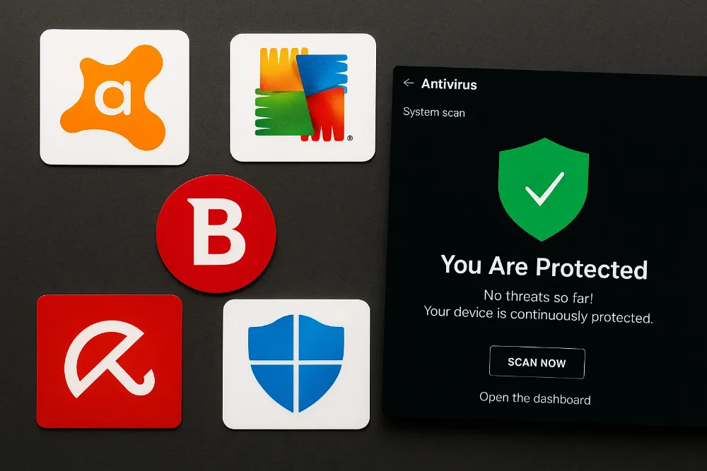 Колаж із логотипами Avast, AVG, Avira, Bitdefender та Microsoft Defender