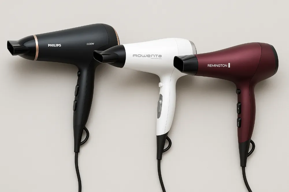 Три фени Philips, Rowenta і Remington у фотографії з нейтральним сірим тлом