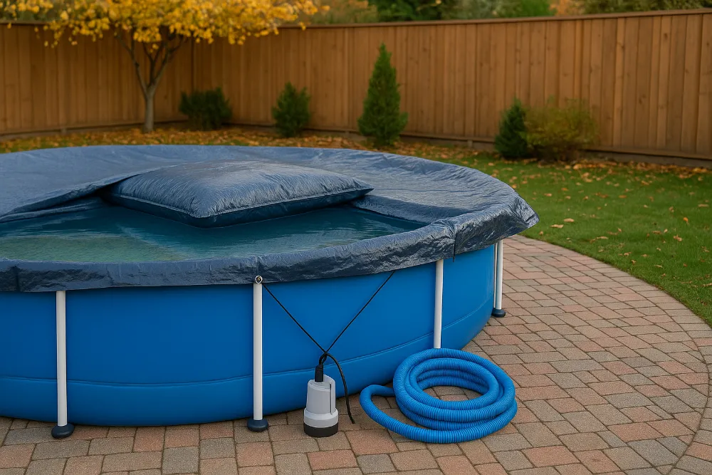 Каркасний басейн під тентом у процесі зимової консервації Каркасний басейн накритий зимовим тентом із насосом та шлангом поруч