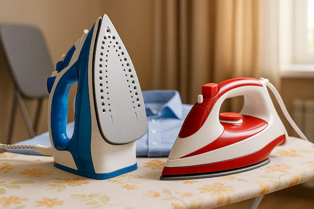 Парова та суха праска на прасувальній дошці поруч із сорочкою