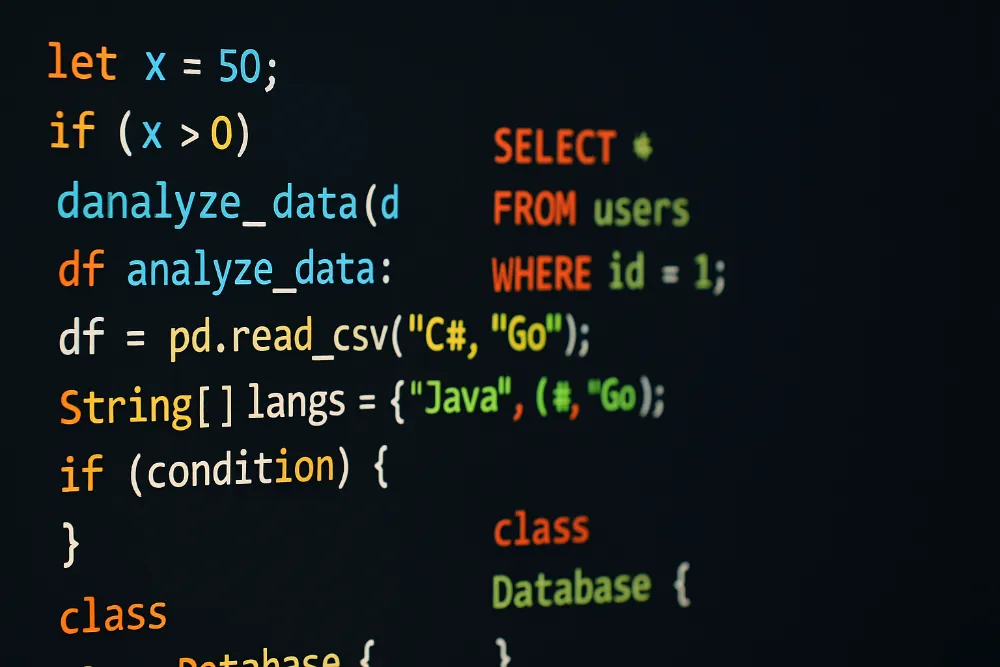 Екран з фрагментами коду Python, Java, SQL та інших мов програмування