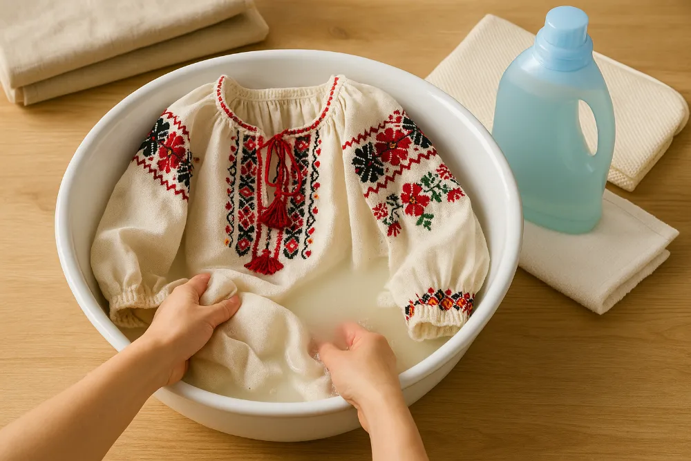 Українська вишиванка під час ручного прання у мисці з водою