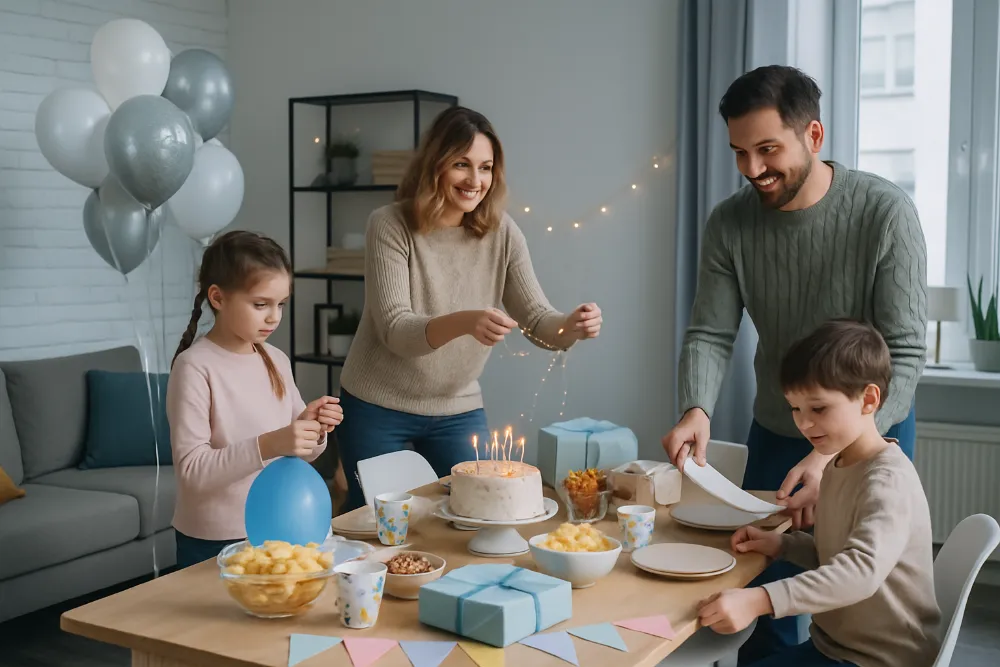 Як організувати сімейне свято вдома Родина готує святковий стіл із тортом, подарунками та декором у світлій вітальні