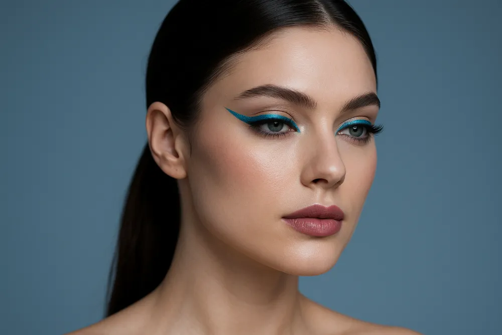 Жінка з макіяжем 2025 року у холодних тонах із бірюзовими стрілками та нюдовими губами