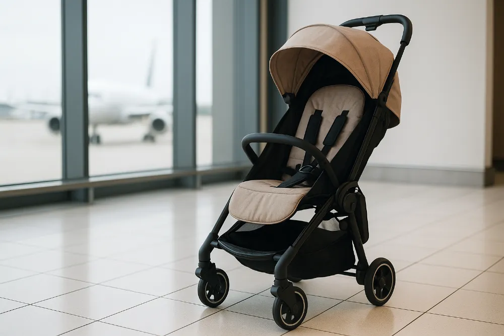 Сучасна легка коляска для подорожей у терміналі аеропорту поруч із літаком