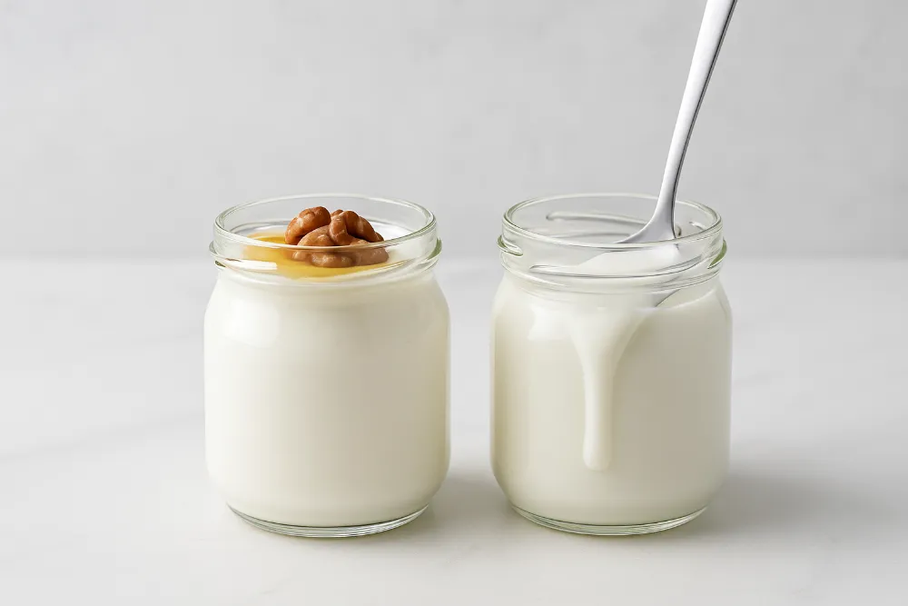 Скляні баночки з грецьким і класичним йогуртом на мармуровому фоні