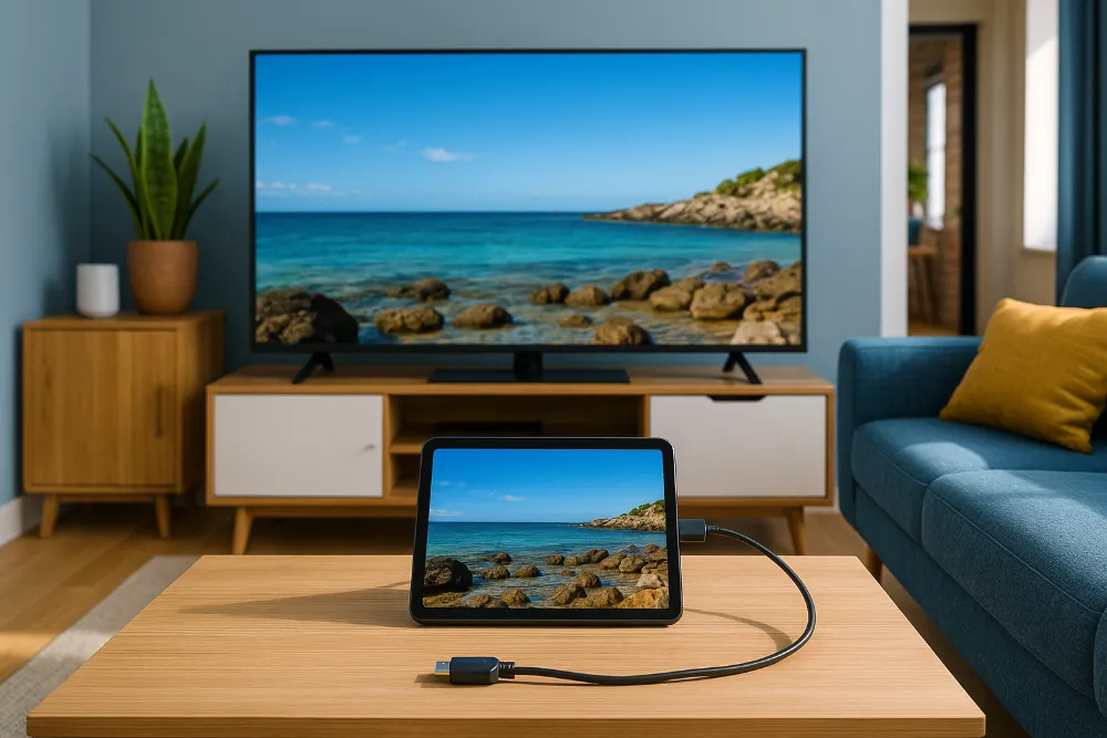 Планшет підключений до телевізора через HDMI у сучасній вітальні