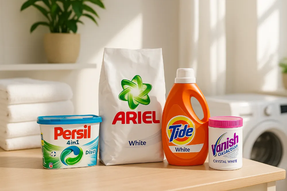 Пральні засоби Persil, Ariel, Tide та Vanish у сучасній пральній кімнаті з білими рушниками