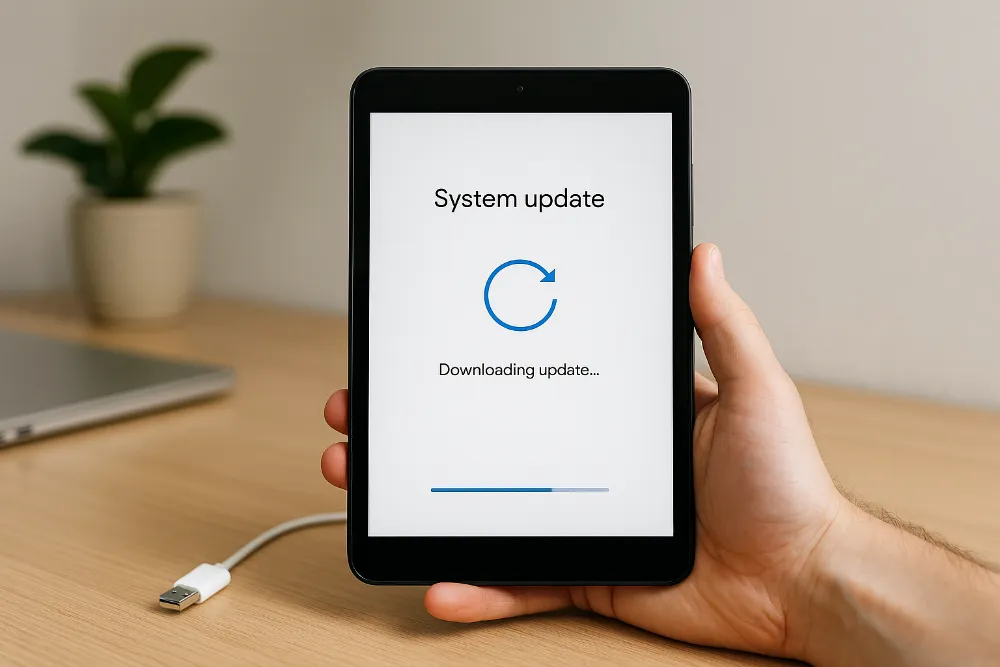 Планшет Android під час оновлення системи на столі з кабелем та ноутбуком
