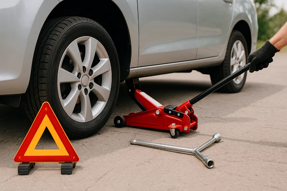 Автомобіль піднятий домкратом з аварійним знаком та ключем поруч
