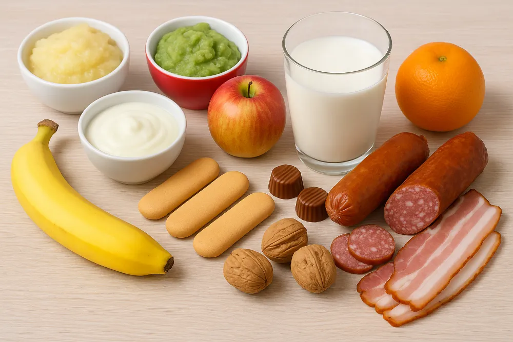 Стіл з продуктами для дітей до року поруч із забороненими для малюків продуктами