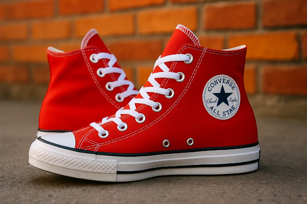 Яскраво-червоні кеди Converse All Star з білими шнурками на вулиці