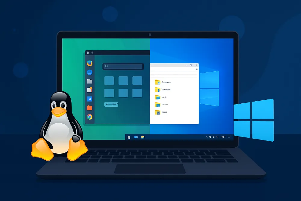 Ноутбук із поділеним екраном, де зліва працює Linux, а справа Windows
