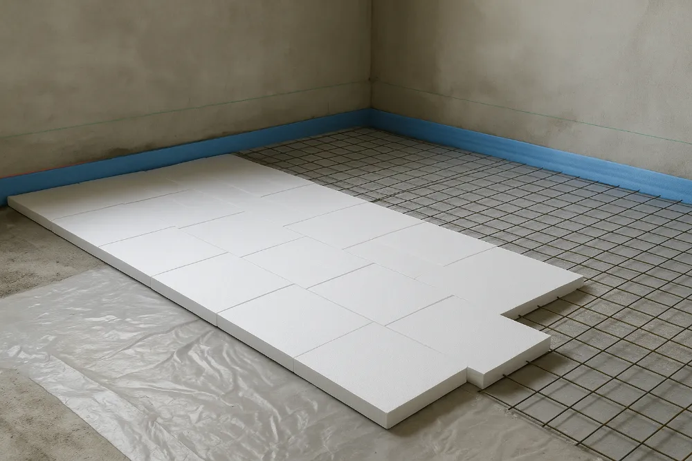 Процес укладання пінополістирольних плит під бетонну стяжку в кімнаті