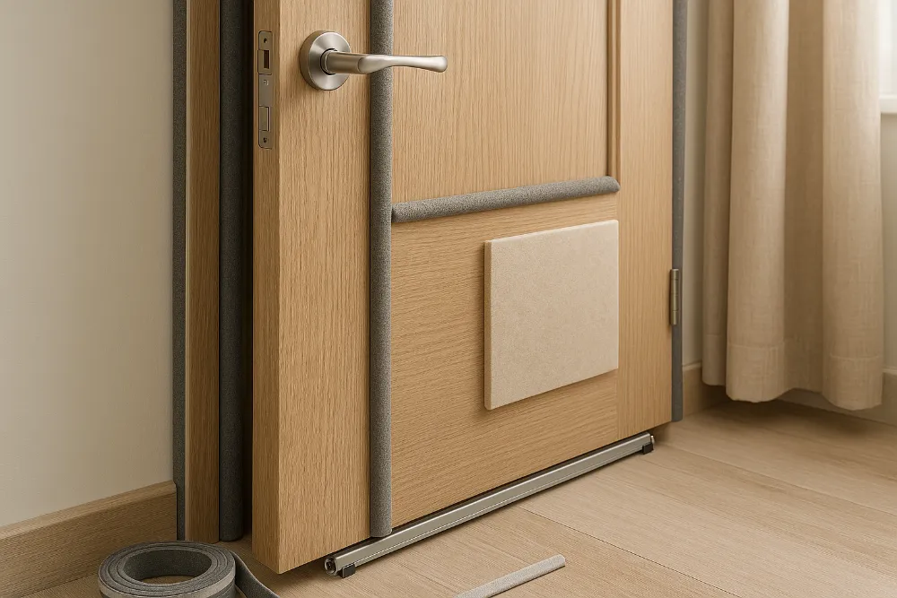 Звукоізоляція міжкімнатних дверей — реалістичне рішення в інтер’єрі Світлі двері з ущільнювачами та панелями у широкому форматі, денне освітлення