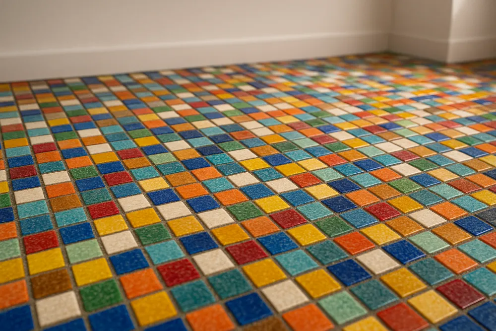 Мозаїчна підлога з дрібних кольорових плиток у яскравому інтер’єрі