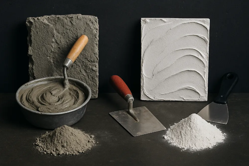 Фотографічне порівняння цементної та гіпсової суміші з інструментами на темному фоні