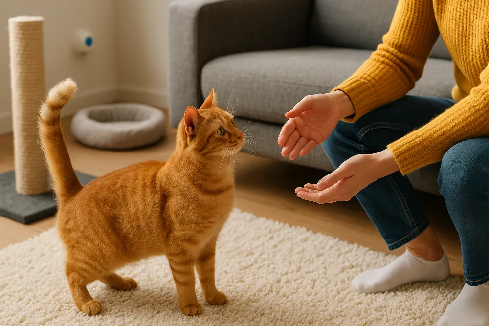 Рудий кіт уважно дивиться на людину, комунікуючи мовою тіла в домашньому просторі