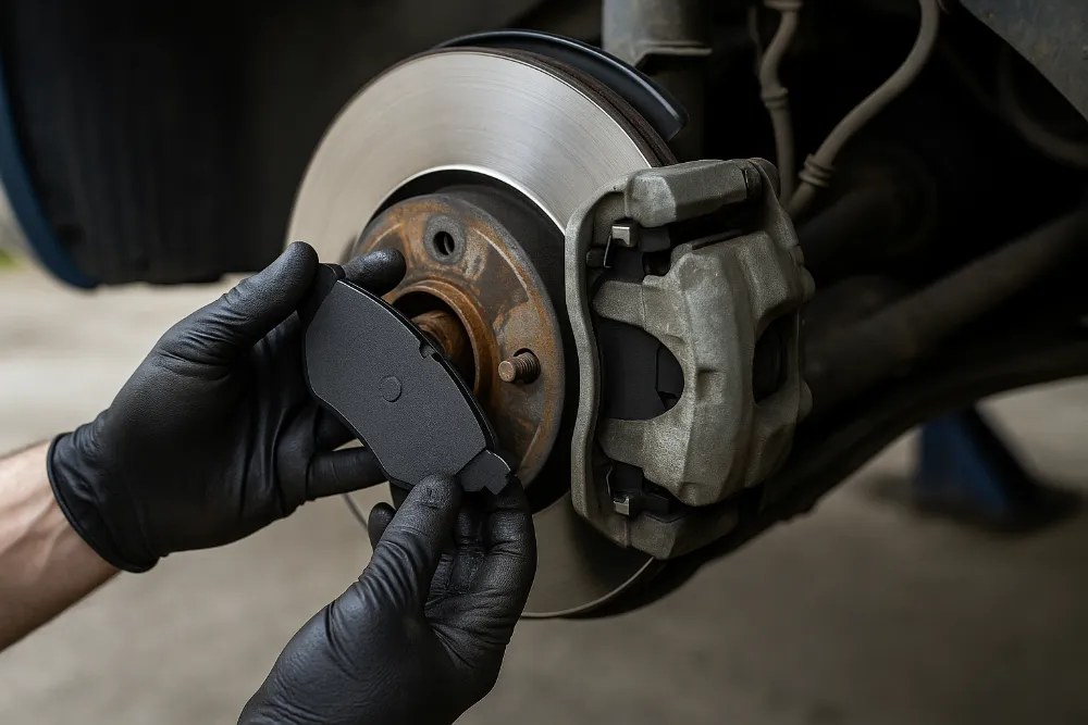 Механік у рукавичках встановлює нову гальмівну колодку на гальмівний диск автомобіля