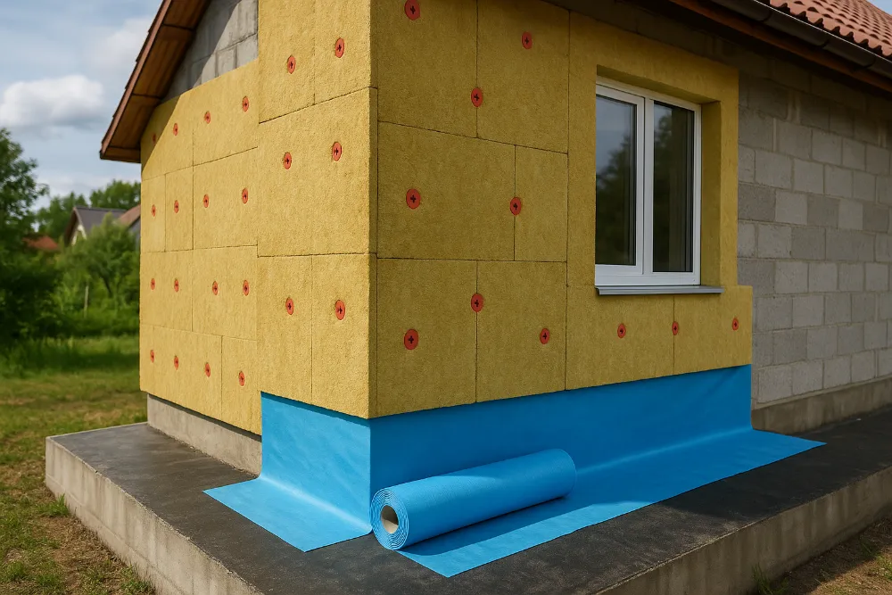 Теплоізоляція та гідроізоляція приватного будинку Стіна будинку з теплоізоляцією та гідроізоляційною мембраною під час будівництва