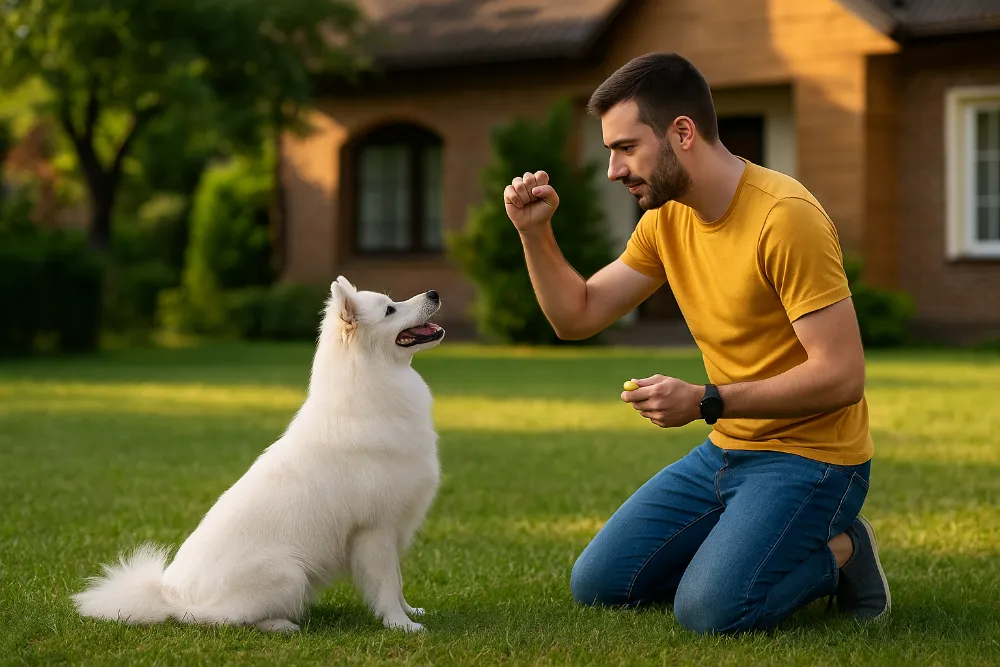 Чоловік у жовтій футболці навчає білого собаку на газоні перед будинком