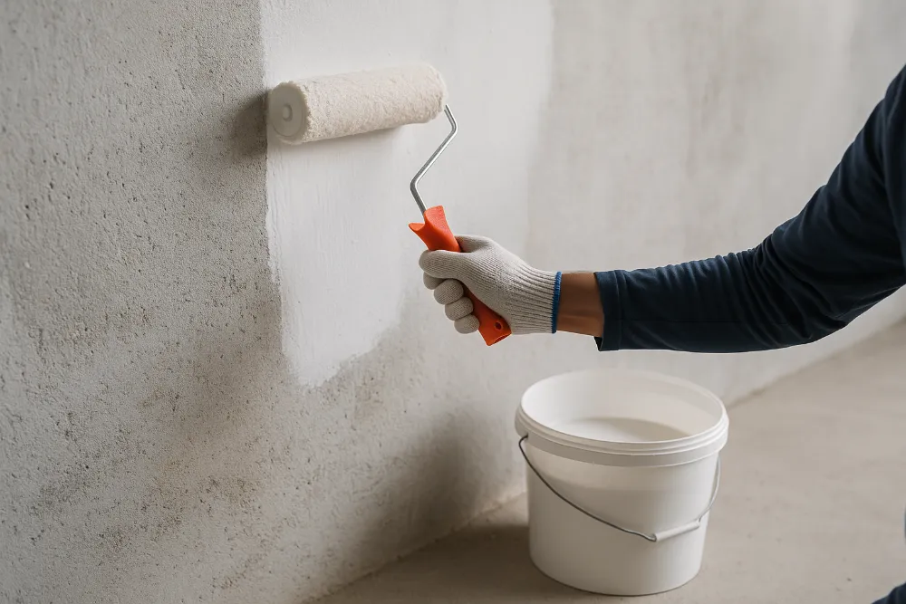 Рука в рукавичці наносить ґрунтовку валиком з помаранчевою ручкою на сіру бетонну стіну